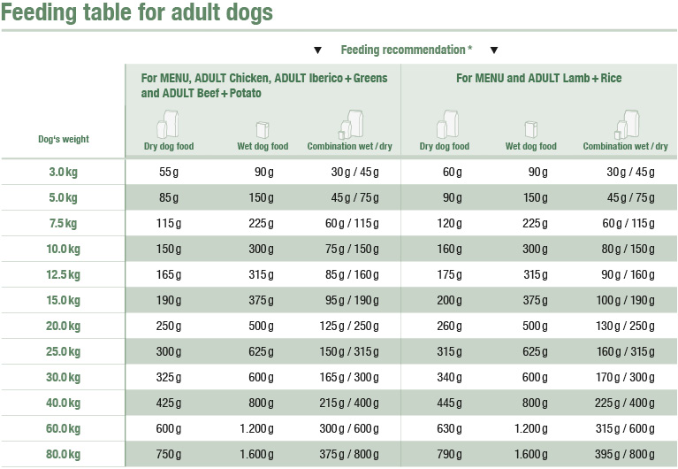 Daily feeding amount adult dogs